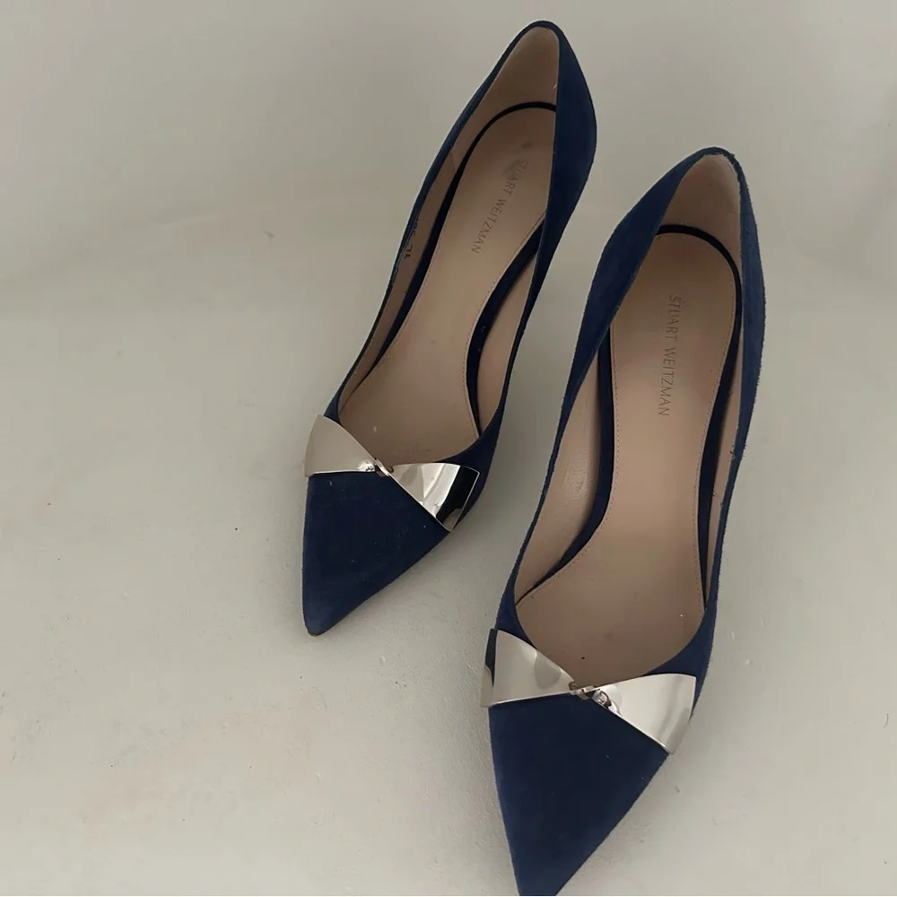 Stuart Weitzman Navy Blue Suede Pointed Toe Heels with Silver Accent - Picture 2 of 11